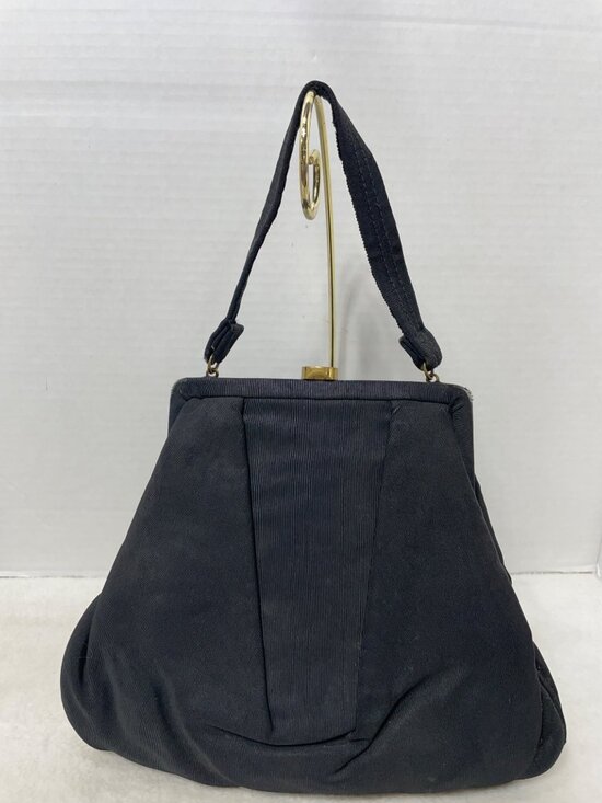 Handbags - Vintage Black Ribbed Satin Red Leather Lined Purse